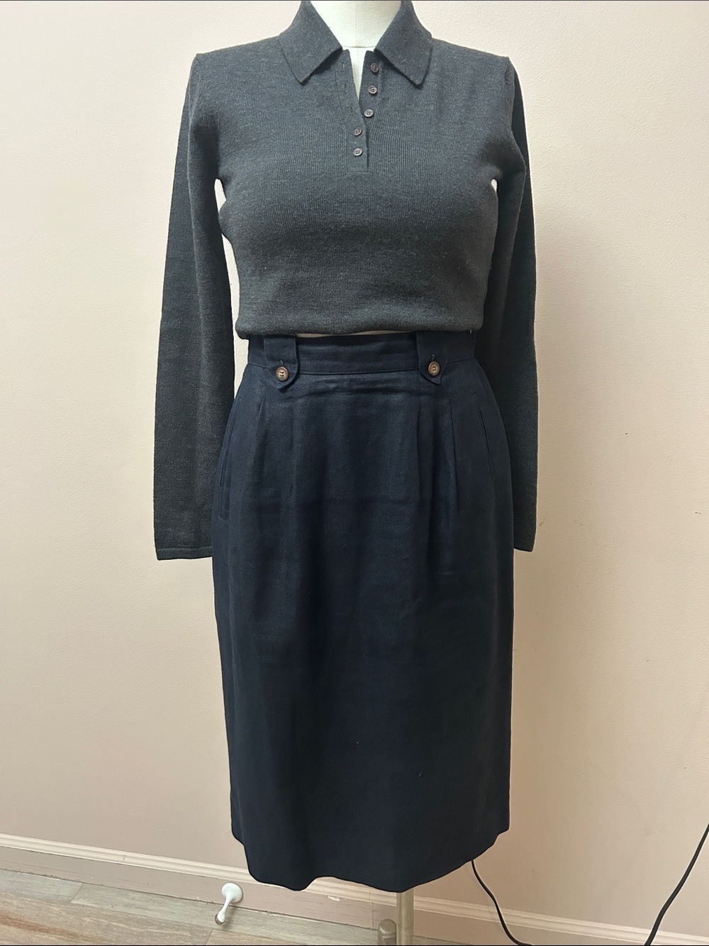VTG Liz Claiborne Linen Pleated Waist Navy Pencil Midi Skirt size 6